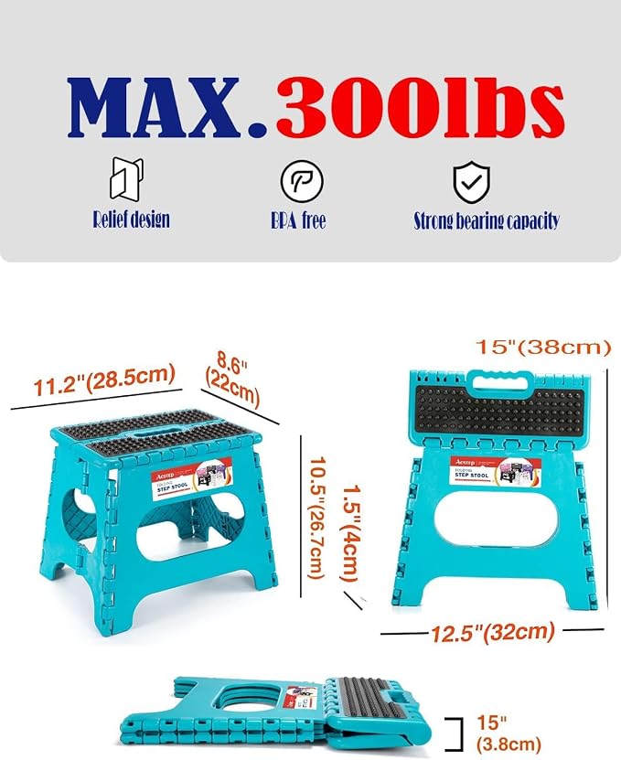 Folding Step Stool 9 Inch, Non-Slip Surface Stool for Kids, Dot Blue | Heavy Duty Foldable Stools, Lightweight, Holds 300 lb, for Toddler Kitchen Bathroom Bedroom Outdoor, Collapsible with Handle - Image 4