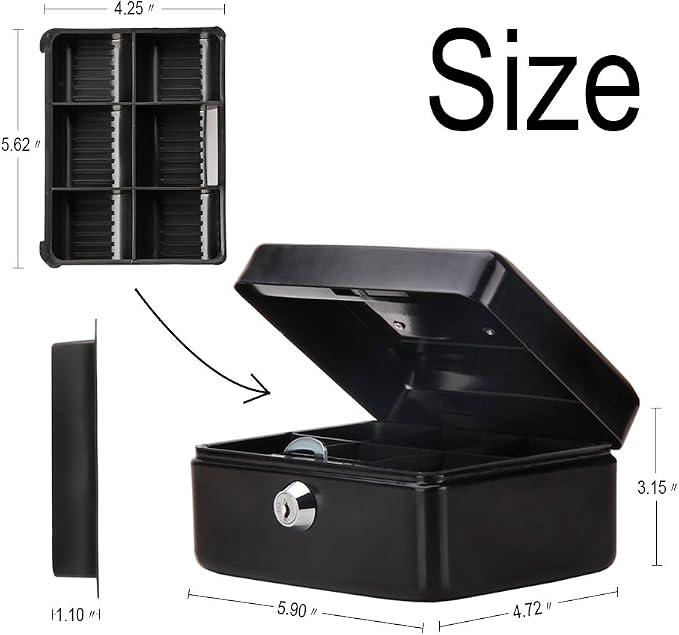 Decaller Small Cash Box with Key Lock, Double Layer Metal Money Box for Home Security, Portable Locking Box, 5.9" x 4.7" x 3.2", Black - Image 3