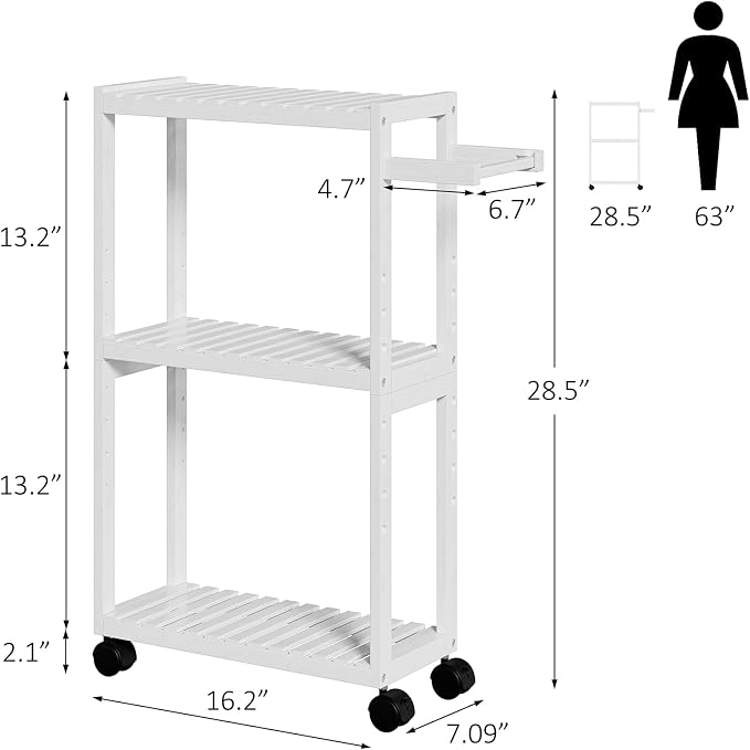 RRX Bamboo Rolling Cart, Slim 3-Tier Standing Shelf Units on Wheels(White) | Bamboo Shelves Utility, Storage Corner Shelf Cabinet for Narrow Space, Toilet Paper Organizer for Bathroom, Kitchen - Image 3