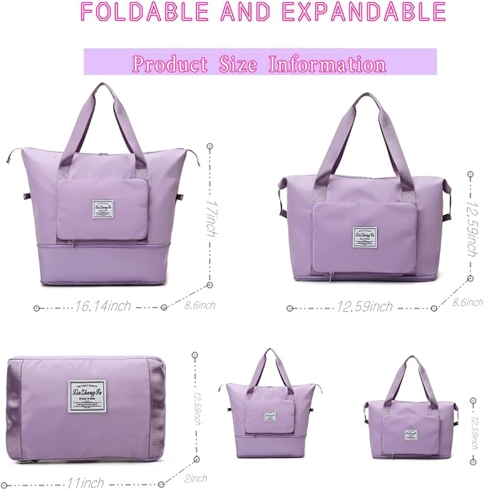 Large Capacity Foldable Travel Bag, Expandable lightweight Carry on Bag, Dry with Wet Separation Spor Duffel Bags (Purple) - Image 2