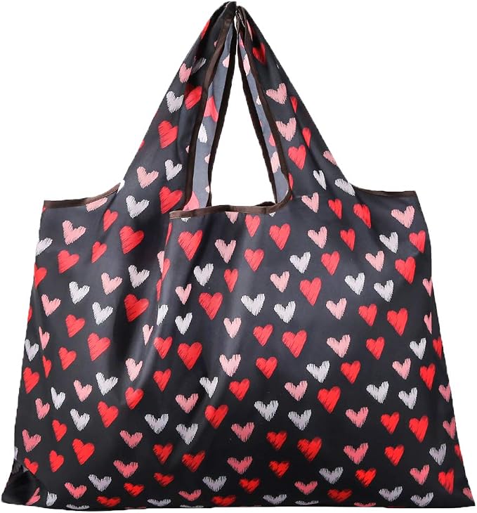 Reusable Grocery Bag, 2 Packs Large Washable | Foldable Eco Friendly Nylon Heavy Duty Fits in Pocket Shopping Tote Bag (Heart) - Image 2