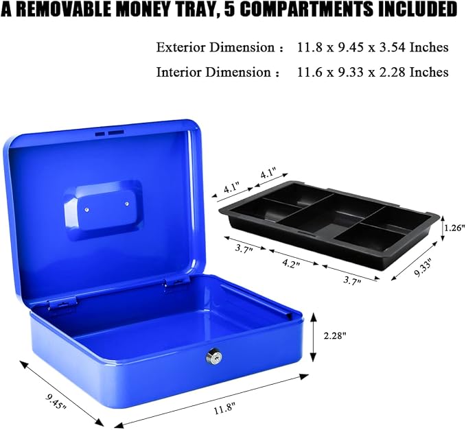 Jssmst Large Cash Box with Key Lock - Durable Metal Cash Box with Money Tray, 11.81 x 9.84 x 3.46 inches (X-Large, Blue) - Image 3