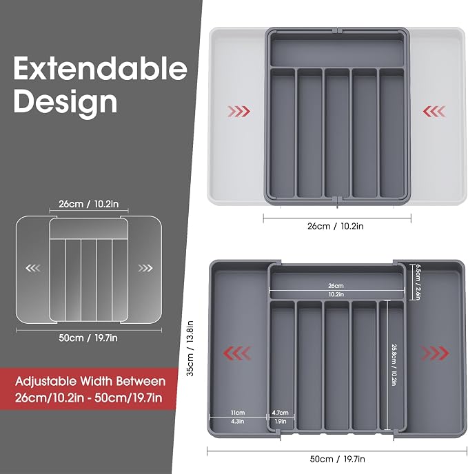 Aujen Silverware Drawer Organizer, Adjustable Utensil Cutlery Tray | Expandable Kitchen Organizer for Forks Knives, Multipurpose Kitchen Storage, Apartment Essentials, Grey, Large - Image 6