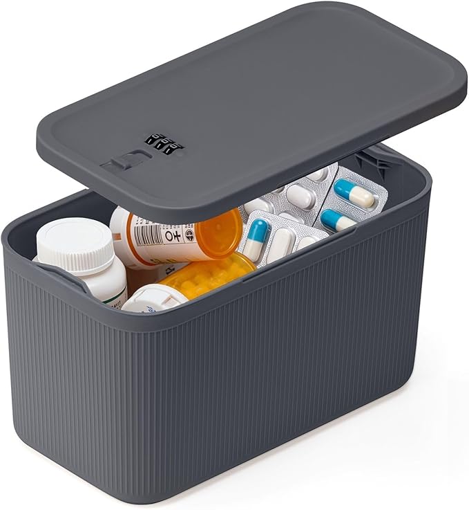 Lockable Storage Box,Medicine Lock Box Travel Case,Refrigerator Bin Container for Food,Medicines,Snacks,Locking Mobile Cell Phone Device Jail,Lockbox for Office,Home,School,Father Gift (Navy Plus) by BOMKVIN