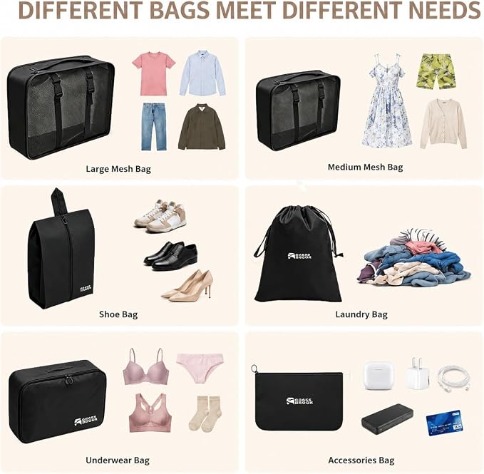 6 Set Packing Cubes, Luggage Packing Organizers for Travel Accessories, Carry on Suitcase Organizer Bags, Travel Essentials Luggage Accessories for Cruise Ship (Black) - Image 3