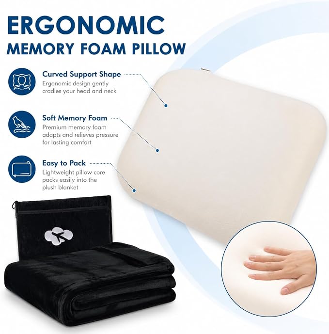 Nerien Blanket Pillow for Airplane Travel Essentials -3 in 1 Plane Travel Set Black - Image 5