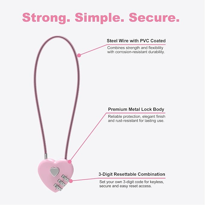 Small Cable Lock with Combination, Combo Lock with Code, Pink Cable Padlock for Luggage, Cabinet, Closet, French Fridge Door, Stroller, Bike Helmet, Pet Cage, Pool Gate, Outdoor Fence - Image 4