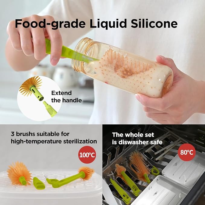 Travel Bottle Cleaner Kit with Foldable Bottle Drying Rack, White | Auto-Open Rack & Vertical Brushs Drying Slots, 3 Silicone Brushes, Foldable Drying Rack, Dispenser, BPA Free. - Image 5