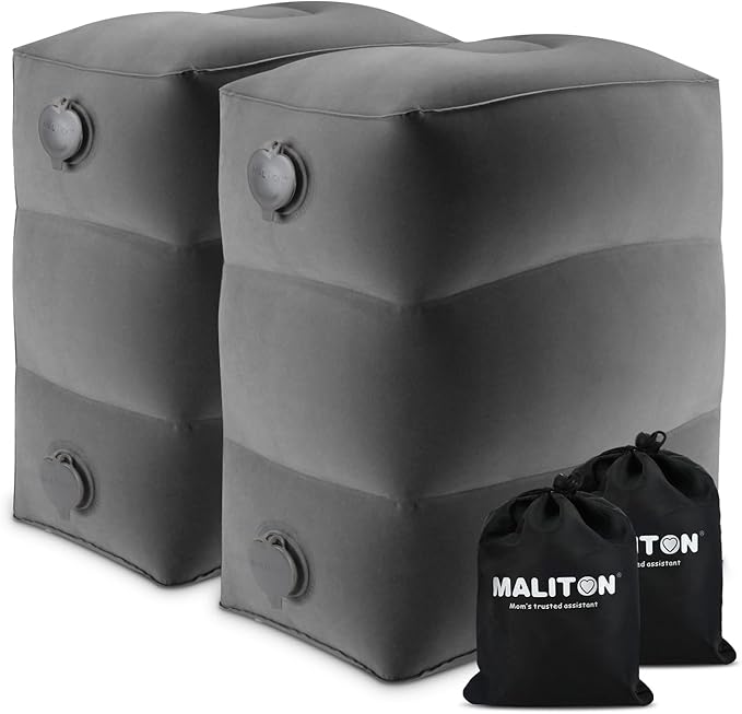 Maliton Inflatable Foot Rest Pillow for Air Travel, (Dark Grey, 2 Pack) | Toddler Airplane Travel Essentials, Car Seat Foot Rest for Kids, Adjustable Height Leg Rest Pillow for Airplane, Home, Office by Maliton