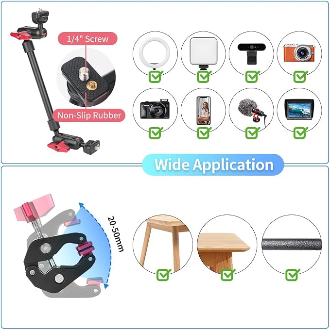 13"/34cm Magic Arm w Clamp, Camera Mount & Clamp w 1/4" 3/8" Threads and Articulating Friction Magic Arm, Overhead Phone Mount, Camera Boom Arm Mount for Light Webcam Mic Action Camera Monitor - Image 5