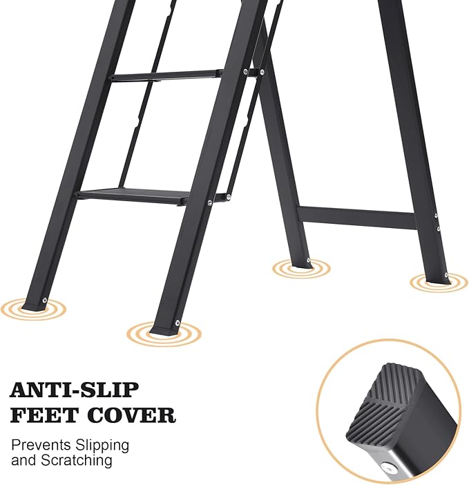 KINGRACK Aluminium 4 Step Ladder, Lightweight Step Stool with Non-Slip Pedals, Handrail, Foldable Step Ladder for Kitchen, Garage, Home, Space Saving, Sturdy and Portable, Black - Image 4