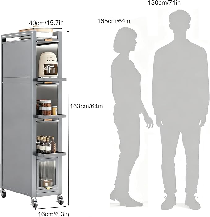 5-Tier Tall Narrow Mobile Shelf Organizer, Slim Storage Cart on Wheels | Pull Out Cabinet Organizer for Small Space Kitchen Space Saving, with Transparent Flap Door Design, Grey - Image 2