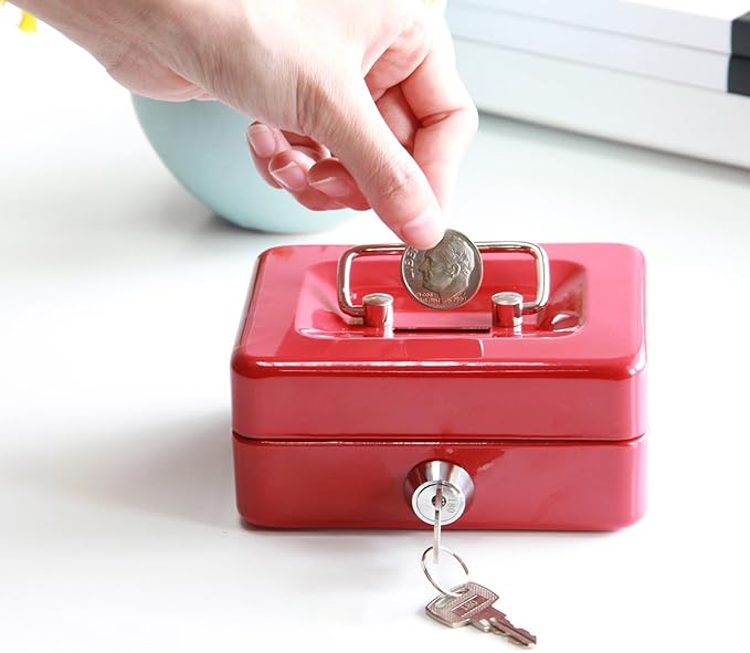 Small Cash Box with Lock and Slot - Jssmst Metal Coin Bank Piggy Bank for Adults and Kids, Red(SMCB0303N) - Image 3
