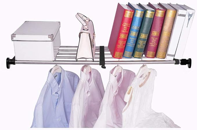Expandable Closet Tension Shelf Rod Tension Shelves for Closet | Metal Storage Rack Cabinet Organizer DIY Divider Separator Shelves for Wardrobe Cupboard Kitchen Bathroom, Black 19.69-31.5IN by FineLivingStartingwithaHome