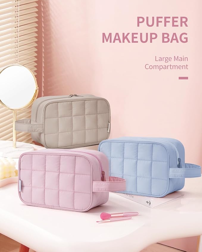 Narwey Quilted Makeup Bag Puffy Make up Bag Cosmetic Bag Organizer, Puffer Travel Toiletry Bag for Traveling Women Girls, Travel Bag for Toiletries, Skincare Medicine Bags (Pink) - Image 7
