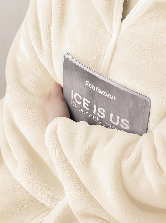 Shawl Blanket Pillow 2-in-1 with Sleeves for Office, Work, Home (Pearled Ivory, 40x60) - Wearable Adult Snuggie Coat Poncho, Airplane Travel Set, Fleece Shoulder Wrap for Men and Women - Image 6