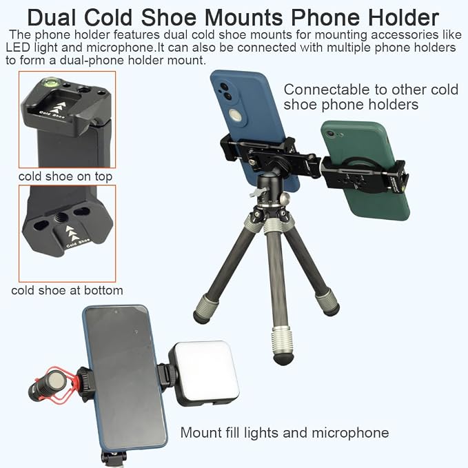 Metal Phone Camera Mount Holder with 1/4” Locating Screw for ARRI, Universal Phone Tripod Mount Adapter with Cold Shoe for iphone 17/16/15, 360° Swivel 230° Tilt Tripod/Camera Phone Holder Support - Image 4
