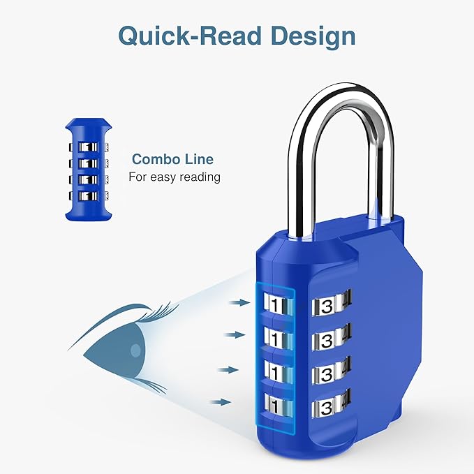 Puroma 2 Pack Combination Lock Locker 4 Digits Combo Padlock Gym Blue | For School Gate Fence Toolbox Hasp Storage, Outdoor, Resettable, Weatherproof, Side Window, Crack Cut Resist, Hardened Steel - Image 3