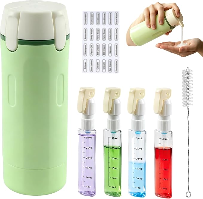 4-in-1 Travel Bottles for Toiletries, TSA Approved Leak Proof Travel Dispenser with Cleaning Brush,Pump and Lable, Shampoo Conditioner Dispenser Travel for Storing Shower Gel, Laundry Detergent by Abnaok