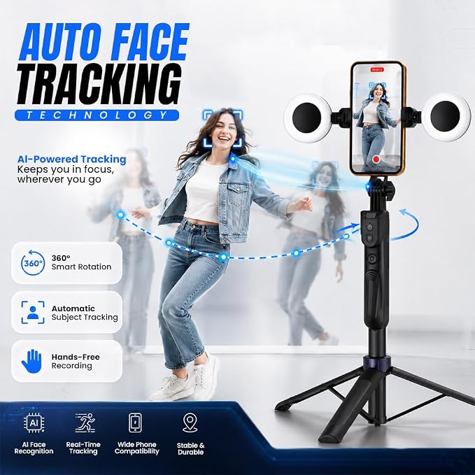 70" Auto Face Tracking Tripod for iPhone with Light, 360° Rotating Selfie Stick for Android with Remote & Gesture Control, Phone Holder Video Recording for Content Creators, TIKTok & Live Streaming - Image 2