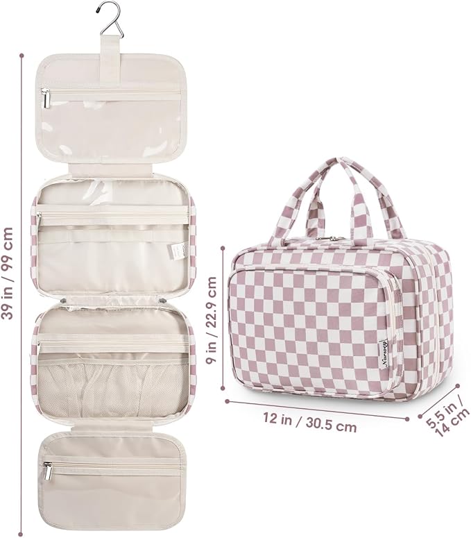 Narwey Travel Toiletry Bag for Women Large Hanging Makeup Bag Organizer Toiletries Bag for Full Size Essentials Accessories Cosmetics (Dusty Pink Checkerboard (Large)) - Image 9