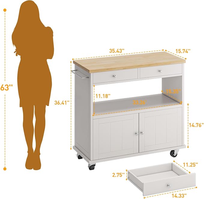 knoworld Rolling Kitchen Island with Storage Cabinet, 35.4'' Width Kitchen Cart, 2 Drawers Island Table, Portable Mobile Kitchen Island with Towel Rack, Wood Top and Lockable Wheels, White - Image 3