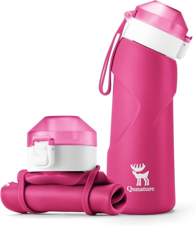Quanture Collapsible Water Bottle 24oz (700mL), Foldable Silicone Travel Water Bottle, Leakproof & BPA-Free, with Wide Mouth & Carry Strap for Hiking, Camping, Outdoor, Pink by QUNATURE