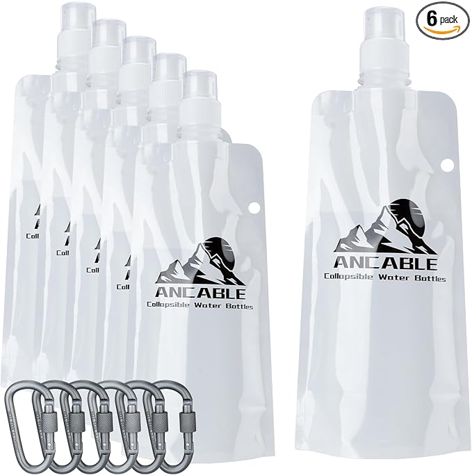 Ancable 17oz Collapsible Water Bottles, 6-Pack Reusable Travel Foldable Water Bottles for Hiking Camping Running Bike, BPA-Free Water Bottle, White by Ancable