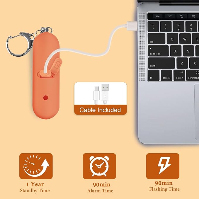 Personal Safety Alarm - Waterproof Rechargeable Security Alarm - 140dB Extra Loud Siren & Strobe Light - Self Defense Keychain - Gift for Women, Teenagers, College Girls, Seniors (Orange) - Image 5