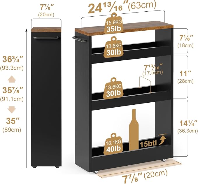 TEAMIX Wood 4-Tier Slim Rolling Storage Cart, 7.9"W, 24.8"D, 36.7"H, Black | Height Adjustable, 360°Swivel Wheels, Deeper & Taller, Use as Narrow Kitchen Cart, Laundry Organizer Between Washer & Dryer - Image 5