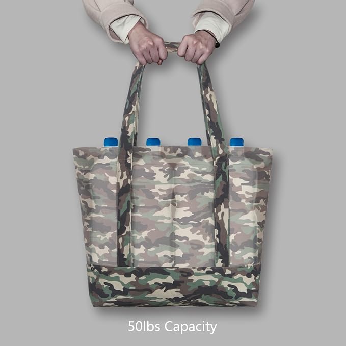TOPDesign 1-Pack Canvas Tote Bag with an External Pocket, Reusable Grocery Shopping Bag, Top Zipper Closure, Daily Essentials (Camo) - Image 6