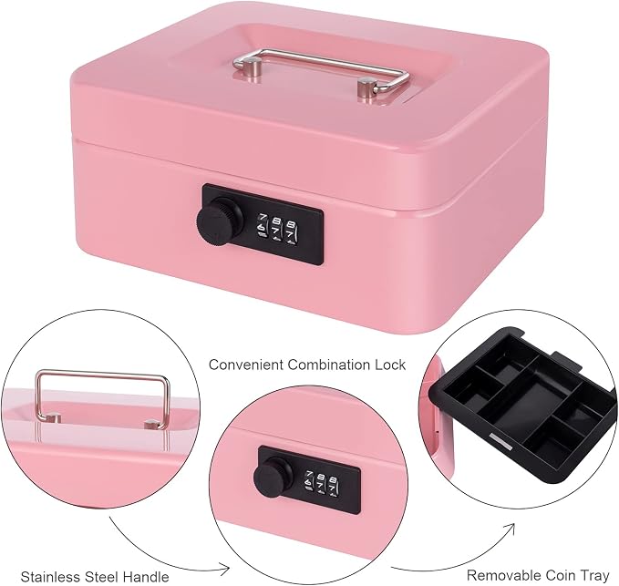 Goehiaul Cash Box with Combination Lock and Money Tray Metal Money Box for Cash Small Cash Box for Money Safe 7.87"x6.3"x3.54" Pink - Image 3