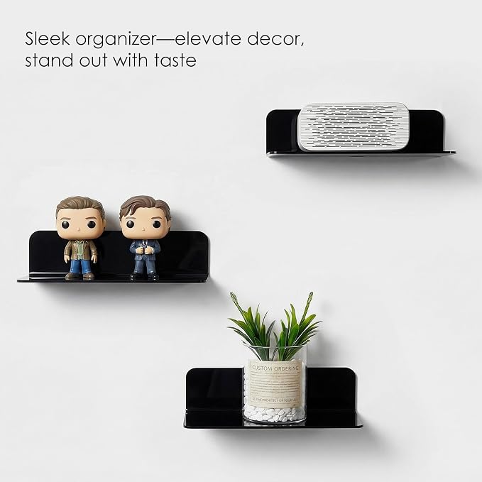OAPRIRE Acrylic Floating Wall Shelves Black, No Drill, 9 Inch 2 Pack | Strong Tape Adhesive Wall Shelf, Easy Installation, Hole Design with Cable Clips, Small Spaces Bedroom Bathroom Living Room - Image 9