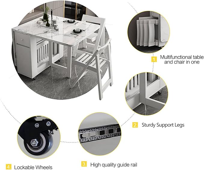 Folding Dining Table with Storage, Kitchen Table for Small Spaces | Foldable, Drop Leaf, Movable, 4 Wheels, Space Saving, Extendable, Marble Texture Top, for Apartment Kitchen Living Room White - Image 7