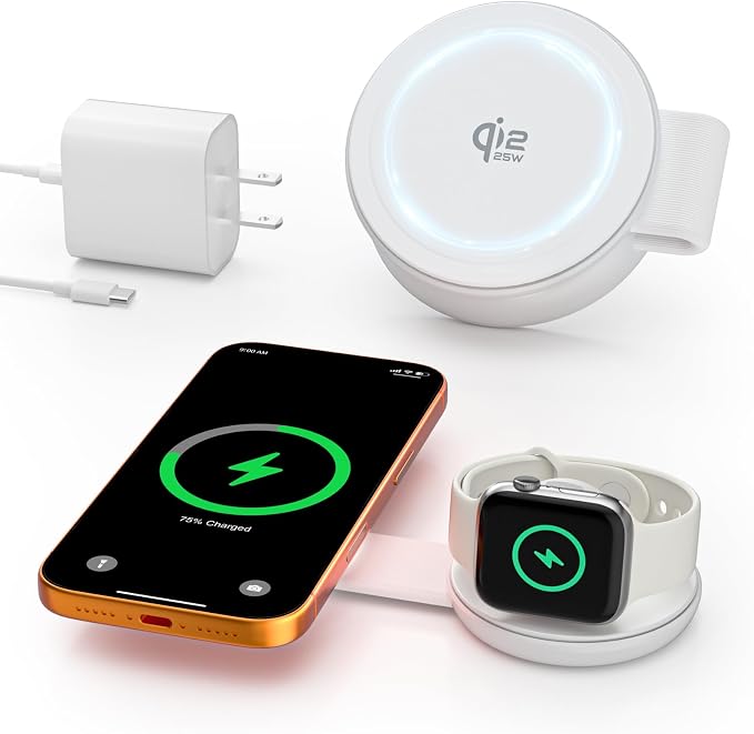 2 in 1 Magnetic Wireless Charger, Qi2 25W Fast Charging Travel Station Pad Compatible with MagSafe for iPhone Air/17/16/15/14/13/12, 5W for Apple Watch, AirPods 4/3/2/Pro with 30W Adapter(White) by Gatatol