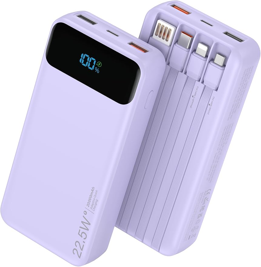 Nusyddy Portable Charger 20000mAh 22.5W w/4 Built-in Cables/6 Outputs Purp. | 22.5W Fast Charging, LED Display, Pass Through Charging, Charge 6 Devices at once, TSA Approved, Fits iPhone, iPad, Samsung by NUSYDDY