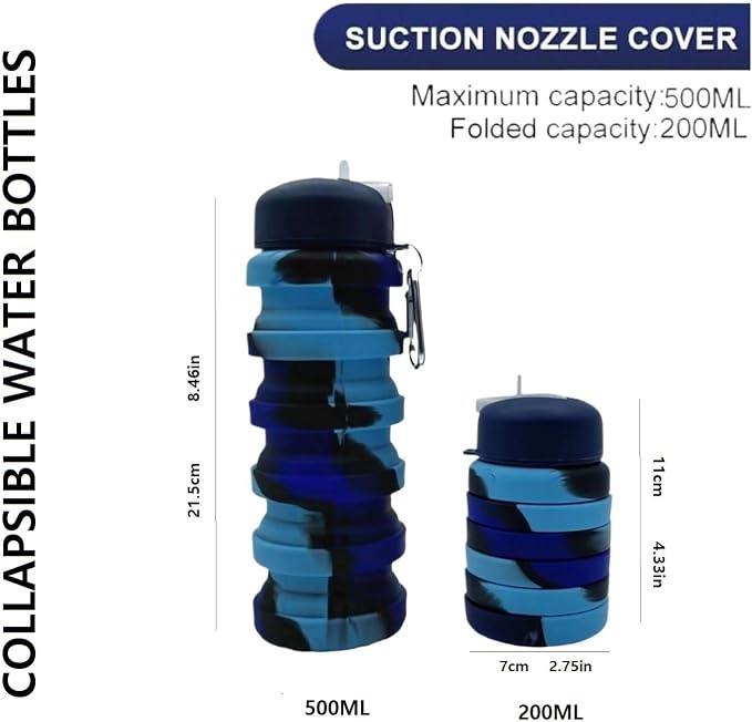 Collapsible Water Bottles 2 Pack 500ml (Black+Blue) | Travel Portable Sport Water Bottle, Silicone Foldable Water Bottles for Gym Camping Outdoor Hiking. - Image 6