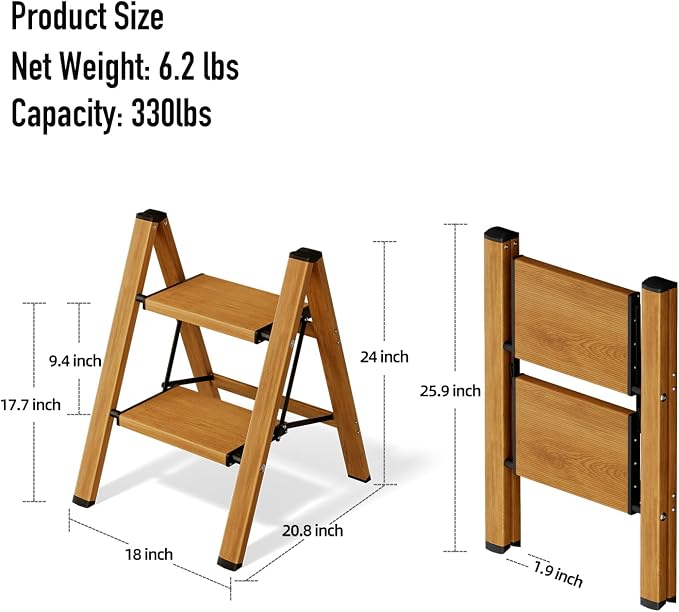 Mayi Plus 2 Step Stool Foldable, Aluminum, Lightweight Step Ladder | Extra-wide anti-slip folding steps with 330 lbs, for home,kitchen,office,outdoor,Woodgrain - Image 6