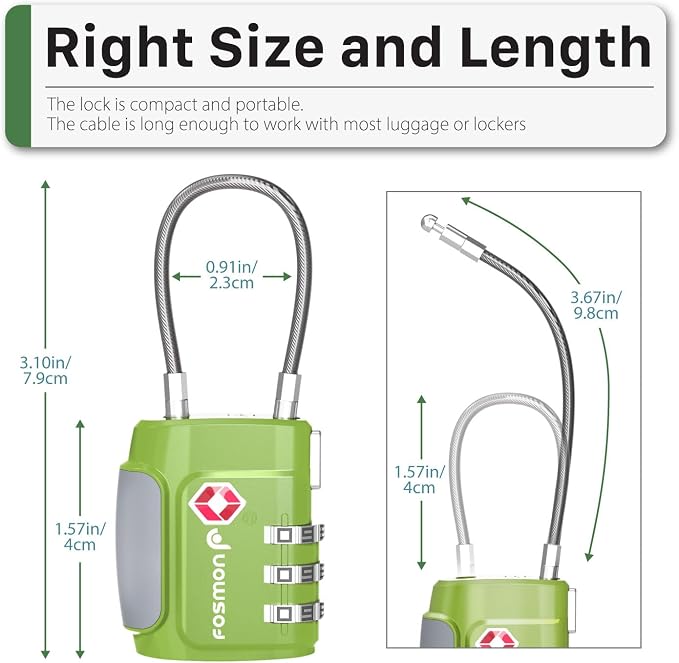 Fosmon TSA Approved Cable Luggage Locks, 3 Digit Combination, 2 Pack | Push Release Button, 3 Digit Long Shackle, Flexible Wire Padlock, Suitcase Backpack Travel Lock, Gym Locker Security - Image 4