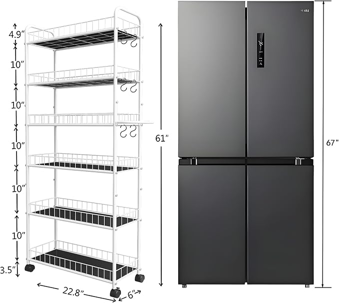 10in 6 Tier Slim Storage Cart with Wheels, Narrow Space Rolling Shelving Unit with Handle, Metal Wire Mobile Organizer Rack for Kitchen Bathroom Office Laundry - Image 4