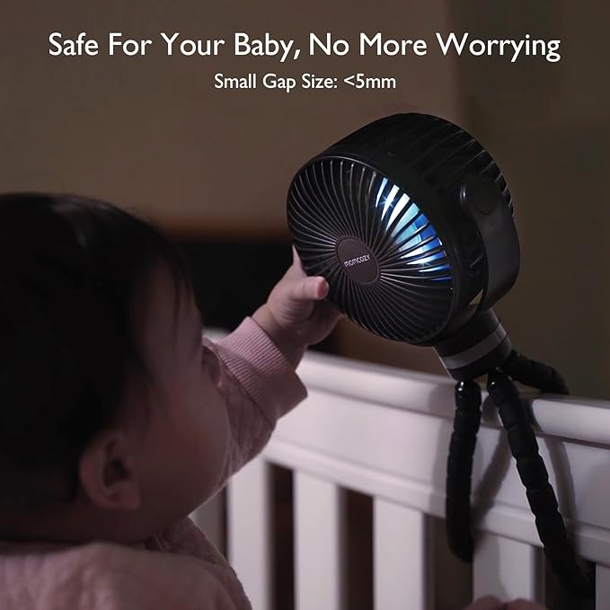 Momcozy 8000mAh Portable Stroller Fan | 27H Ultra-long Battery Life | Detachable 4 Speed 360°Rotate | 2 Modes LED Night Light, USB Rechargeable Handheld Cooling Fan for Travel, Car Seat, Bedroom - Image 4