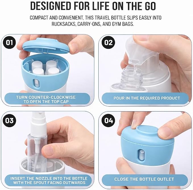 Travigo 4-in-1 Travel Dispenser Bottle, TSA Approved, Leak Proof, Four Reusable 1.4 oz. (40 mL) Toiletry Containers for Shampoo, Conditioner, Soap, Lotion, Skincare (Blue) - Image 4