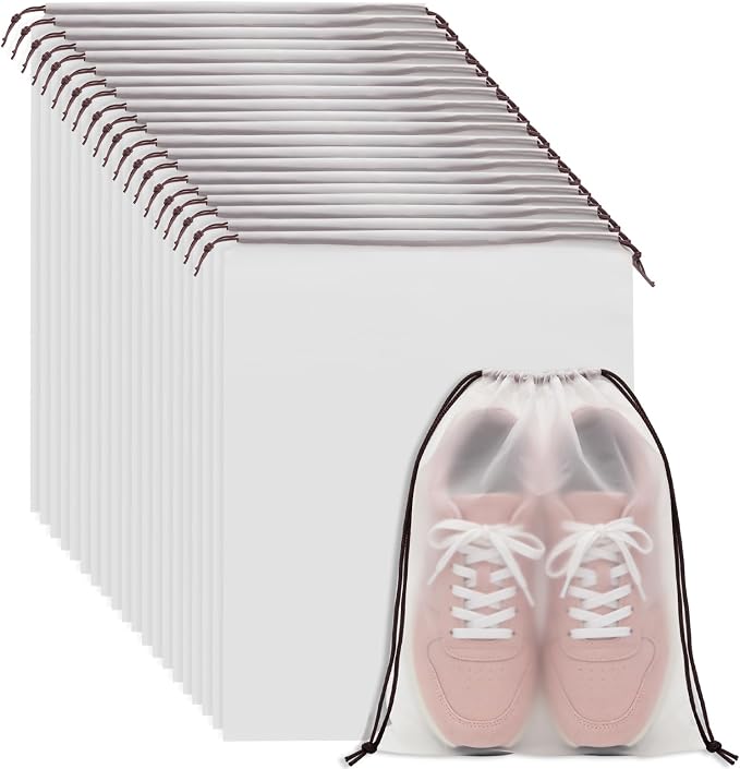 HAKZEON 50 PCS 16x20 Inch Clear Plastic Drawstring Bags, Portable Translucent Shoes Storage Organizers Pouch with Rope, Thickness 2 Mil Travel Bags for Sneakers, Dress Shoes, Slippers, Sandals by HAKZEON