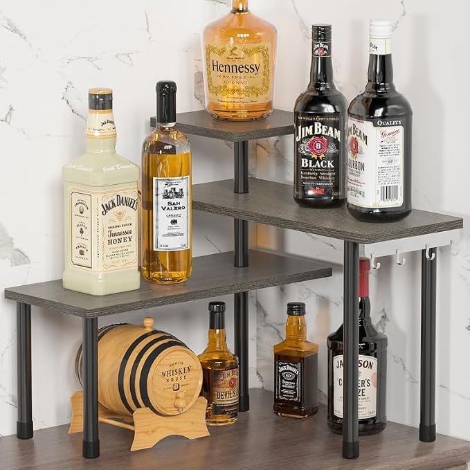 ZHWS Kitchen Countertop Organizer, Bathroom Counter Organizer, Adjustable 3 Tier Corner Shelf with 4 Metal Hooks for Counter Organize, Spice Rack, Makeups, Coffee Station Bookshelf (Rustic Grey) - Image 3