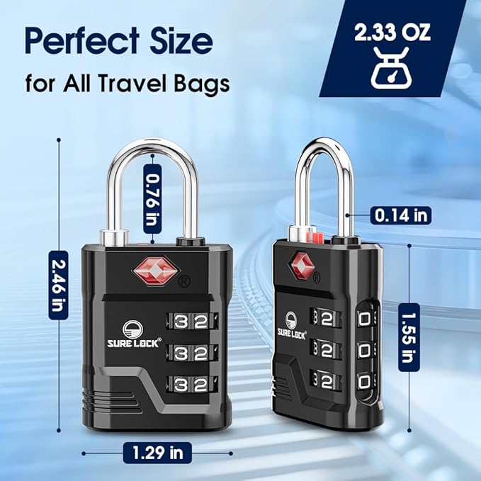 SURE LOCK TSA Approved Luggage Lock – 3-Digit Resettable Combination Padlock with Open Alert Red Dot, Large Easy-Read Dials for Suitcases, Backpacks, Gym & School Lockers - Image 6