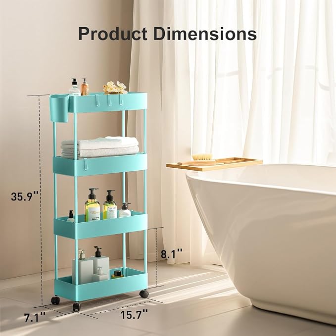 Pipishell 4 Tier Slim Storage Cart with Wheels, Laundry Cart, Turquoise | 7.1 Inches Wide – Fits Narrow Spaces, Storage Cup and 6 Hooks, Ventilation Holes, Durable ABS Material, Detachable Wheels - Image 2