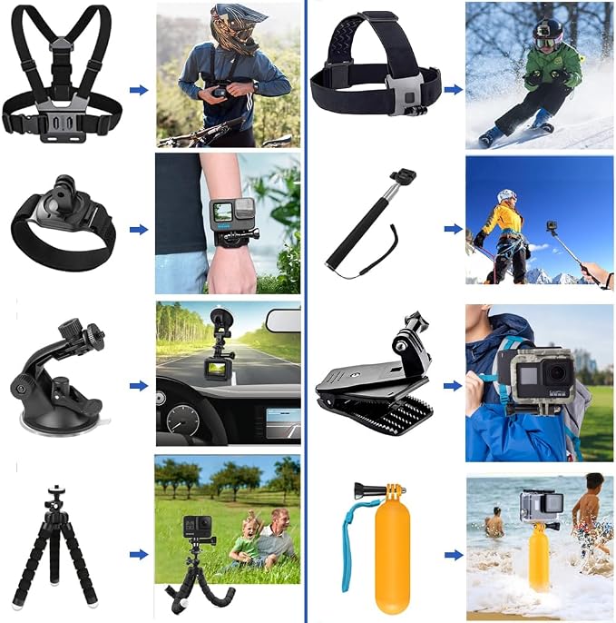 Accessories Kit for GoPro Hero 13 12 11 10 9 8 Max 7 6 5 4 Black GoPro 2018 Session Fusion Silver White Insta360 DJI SJCAM APEMAN AKASO and Others Action Cameras (28in1) - Image 4