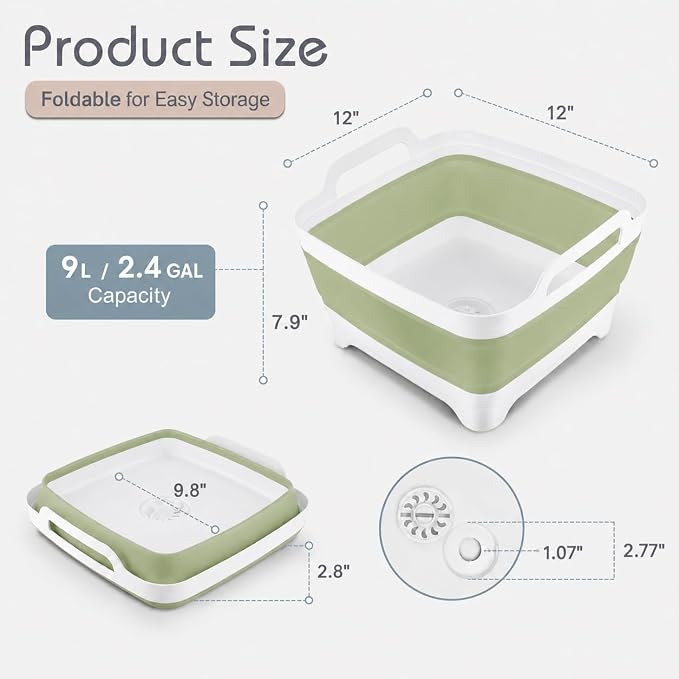 2.4 Gal(9L) Collapsible Dish Basin with Drain Plug, Space Saving Outdoor Multiuse Foldable Sink Tub, Dishpan, Kitchen Storage Tray for Camping, Vegetable Washing, RV (Green) - Image 2