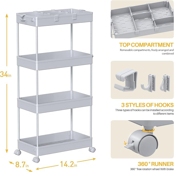 4 Tier Rolling Cart with Wheels, Storage Craft Art Trolley Organizer Serving, 3 Hanging Baskets Easy Assembly, for Office, Living Room, Kitchen - Image 5