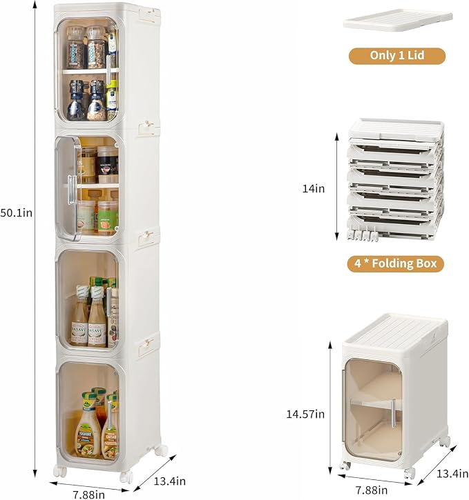 4-Tier Tall Narrow Slim Bathroom Storage Cabinet, Cream White | Tool Free Assembly, Adjustable Shelves, Fits for Narrow Spaces, Reinforced Stability, Magnetic Clear Door - Image 2